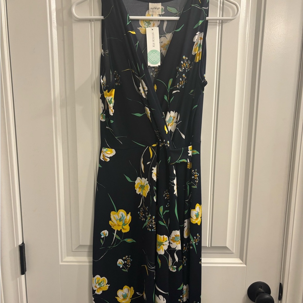 Kaileigh Navy Midi Dress with Yellow Floral Design